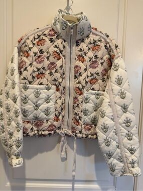 Nordstrom White Quilted Floral Zip-Front Jacket